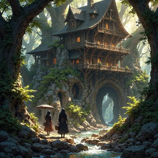 Prompt: Envision a humongous dwelling that emerges gracefully from the heart of an ancient forest, a masterful fusion of sturdy, dark-hewn timber and rugged, unmortared stone, nestled into a natural hollow. Alongside the swelling is a swift, crystal-clear river, its waters shimmering like polished glass as they race over smooth stones, creating the gentle sound of rushing water. Sunlight filters softly through the dense canopy above, casting ethereal patterns on the forest floor, while shafts of golden light illuminate the dwelling’s textured surfaces, enhancing the rich browns and deep grays of the wood and stone. Moss and creeping vines entwine around the structure, as if nature itself is embracing this serene sanctuary. The air is thick with the scent of damp earth and the distant sounds of rustling leaves create a gentle symphony. A young beautiful woman carries a basket on her basket, helping her parents with their garden harvest. Consider framing this enchanting scene with cinematic lighting to evoke a sense of tranquility and hidden magic.