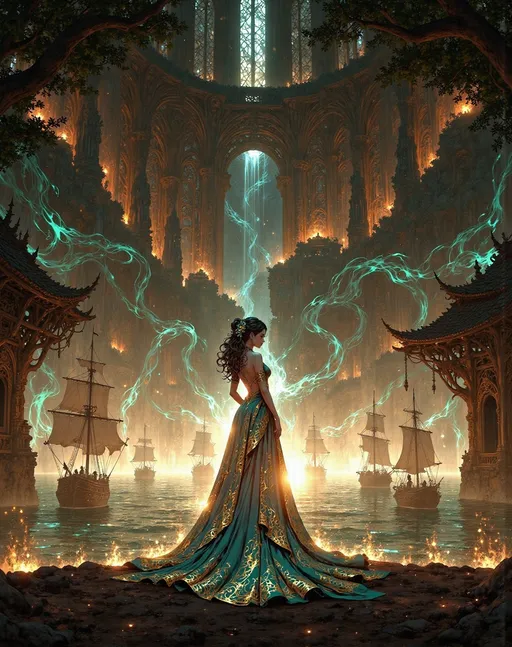 Prompt: Bathed in the warm glow of a luminous sunset, a striking woman stands confidently by the water's edge, her flowing gown a vibrant cascade of deep blues adorned with intricate golden patterns. The shimmering fabric drapes elegantly around her figure, while her jewelry glints in the fading light, enhancing her regal presence. Behind her, traditional sailing vessels glide softly on the shimmering waters, framed by a picturesque backdrop of ornate architecture that speaks of a rich cultural tapestry. The scene is infused with a dreamy quality, as soft pastels intertwine with the silhouettes of distant buildings, invoking a sense of mystique and nostalgia, while the gentle waves whisper secrets of the past. The overall composition exudes an air of grace and elegance, inviting the viewer to immerse themselves in this enchanting moment.