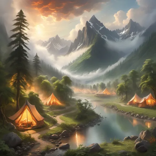 Prompt: Large camp, and greenery foggy, mountains  and river, vibrant sky dramatic fantasy settlement scene, cinematic lighting and wide aspect