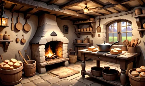 Prompt: inside of a thatched roof old french cottage, single open fire place at the back, kitchen at the side, cosy chair at the back, rug on the floor, freshly baked breads, cheeses and small pots of honey on the shelves, in the mediam of cartoon disney style


