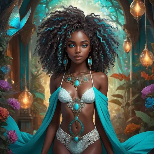 Prompt: (beautiful young black woman), full body,  vibrant fantasy style, dark chocolate skin, luxurious white curly/coily hair, striking turquoise eyes, magical atmosphere, enchanting light, whimsical background filled with fantastical elements, lush colors, dreamy vibe, high depth, ultra-detailed, captivating and imaginative composition.