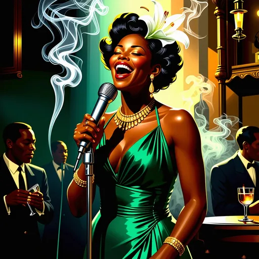 Prompt: A soulful black jazz singer, dressed in a luxurious 1920s style emerald dress, gold jewelry and a white lily in her fingerwaved hair, stands confidently center stage at the microphone, her voice pouring out like honey as she sings her heart out in a dimly lit, smoke-filled club, the air thick with the scent of cigarette smoke and whiskey, reminiscent of the iconic styles of Erté, Gustav Klimt, and Hopper, with bold, expressive brushstrokes and a muted, film noir-inspired color palette. The overall style is reminiscent of vintage art deco illustrations, enhancing the timeless elegance of their romance.