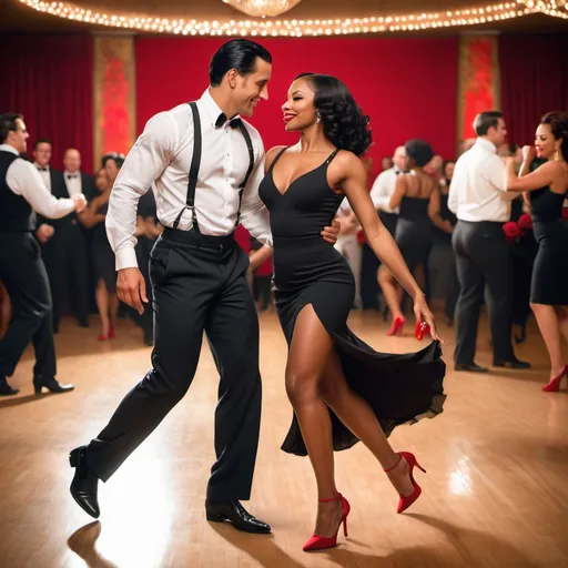 Prompt: A dashing Latino man with slick black hair dons a fitted black shirt, suspenders and tailored slacks, exuding confidence as he leads a beautifully graceful black woman across the dance floor. She wears a matching black dress that flows elegantly around her as she moves, accentuated by her bold red heels and red rose in her hair. The dimly lit Argentinian-style club is alive with a warm, inviting atmosphere, where rustic wooden beams and vibrant murals hint at a rich cultural tapestry. Soft golden lights cast gentle shadows, illuminating the couple as they dance passionately, their eyes locked in a joyful connection. The vibrant sounds of the tango envelop them, transporting onlookers to a world of romance and rhythm. This scene captures the essence of life and dance in a cinematic, photorealistic style. 