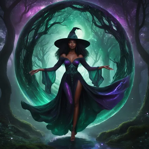 Prompt: In a mystical scene, a beautiful black witch steps gracefully through a shimmering, ethereal portal that vibrates with iridescent colors—emerald greens and deep purples swirling like an enchanting nebula. The backdrop is a moonlit forest, where ancient trees loom overhead, their branches heavy with glimmering dew and dark, velvety shadows. As she emerges, her flowing ebony robes swirl around her like a cascade of night, and her expressive eyes reflect wonder and power. Wisps of magical energy trail behind her, fracturing the air with flickering light. The atmosphere is charged with enchantment, the air humming softly with the whispers of the arcane. Suggest a dreamy watercolor illustration style that captures the fluidity and magic of the moment.