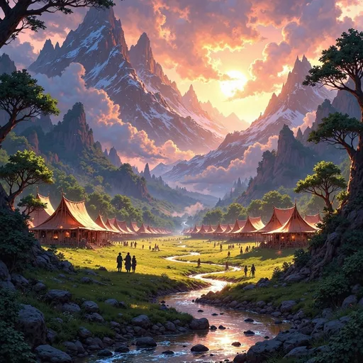 Prompt: A sprawling large camp comes alive amidst lush, vibrant greenery, where a soft, ethereal fog weaves through the towering trees and blankets the ground. Majestic mountains loom in the background, their peaks kissed by a dramatic sunlight breaking through swirling clouds, casting an enchanting glow over the scene. A winding river snakes through the camp, its waters shimmering with reflections of the fiery sky, where hues of orange and deep purple dance together. Brightly colored tents dotted throughout the camp buzz with life, villagers in traditional attire are seen engaging in animated conversation. The entire scene is enveloped in a cinematic lighting, emphasizing the grandeur and fantasy essence of this settlement, inviting viewers to explore its wonders in a breathtaking wide aspect ratio.