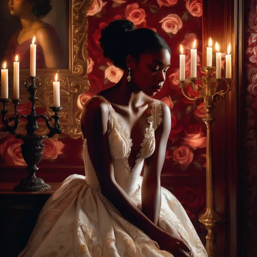 Prompt: In a lavishly adorned room filled with vibrant roses and intricate floral decorations, a young black woman in a flowing white gown delicately leans toward a candle, illuminating her graceful features and cascading dark hair. The scene conveys opulence and intimacy, with the rich red wallpaper enhancing the romantic atmosphere. In the background, a man stands at an elegantly carved door, his gaze fixed on her, suggesting a moment of longing or surprise. The warm, soft lighting accentuates the textures and details, creating a captivating narrative of beauty and anticipation intertwined within this enchanting setting.