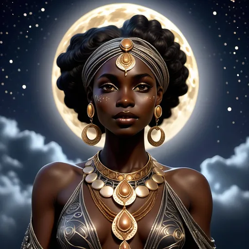 Prompt: Dark-skinned black woman, moonstones, pearls, copious gold jewelry, ornate clothing, lavish jewels, opals, ancient seleucid fashion