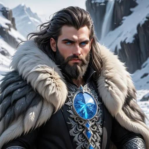 Prompt: Imagine a striking Northern King, his captivating piercing blue eyes glimmering like icy sapphires against the backdrop of a snow-laden landscape. His long, thick dark hair and well-groomed beard come alive with the subtle glint of frost, framing a face carved by both time and valor. He stands tall and proud, draped in luxurious dark furs that exude an air of majesty, their textures soft and rich against the harsh, biting cold of winter. The sky above is a swirling canvas of deep blues and purples, hinting at an impending snowstorm, while the magic of twilight bathes him in a soft, ethereal glow. This regal figure, poised against the gathering storm with his sword in hand, is a symbol of strength and resilience, evoking the spirit of a legendary ruler. The art style could be reminiscent of dark fantasy concept art, highlighting the intricate details and atmospheric tension.