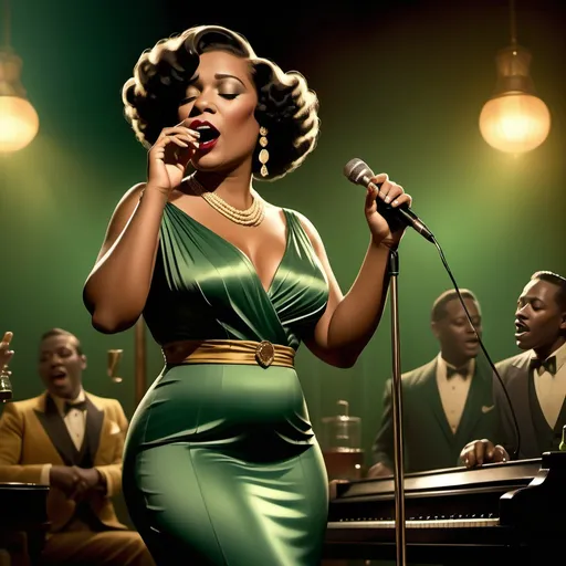 Prompt: A soulful black jazz singer, dressed in a fitted, 30s style green dress, gold jewelry and a large feather in her fingerwaved hair, stands confidently at the microphone, her voice pouring out like honey as she sings her heart out in a dimly lit, smoke-filled club, the air thick with the scent of cigarette smoke and whiskey, reminiscent of the iconic styles of Erté, Gustav Klimt, and Hopper, with bold, expressive brushstrokes and a muted, film noir-inspired color palette.