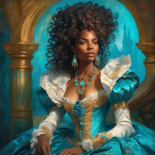 Prompt: Rococo era portrait of a woman, oil painting, luxurious clothing (beautiful young black woman), vibrant fantasy style, bronze skin, luxurious white curly/coily hair, striking turquoise eyes, blue and gold gown, magical atmosphere, enchanting light, whimsical background filled with fantastical elements, lush colors, dreamy vibe, high depth, ultra-detailed, captivating and imaginative composition.