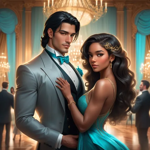 Prompt: A handsome Latino man in a grey tuxedo with slick black hair dancing with a beautiful black woman with long brown hair,  turquoise dress and silver heels in a Victorian style ballroom happily realistic 