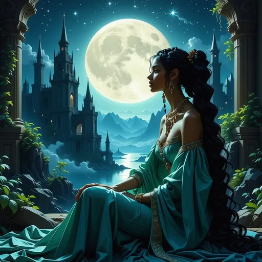 Prompt: Bathed in the ethereal glow of a large, luminous moon, a regal woman sits poised at the foreground, adorned in a flowing, elegant garment in shades of serene teal that accentuates her graceful figure. Her rich, braided hair is elegantly styled, and she wears ornate jewelry that speaks of royalty, forming a striking contrast against her smooth skin. Behind her, an enchanting backdrop features towering, gothic structures draped in a mystic blue light, interspersed with lush greenery, suggesting an otherworldly realm. The composition draws the eye upwards through the archway that frames the scene, emphasizing the moon's dominance in the night sky, while the overall atmosphere conveys a sense of tranquility intertwined with mystery, as if inviting the viewer into a story of ancient lore.