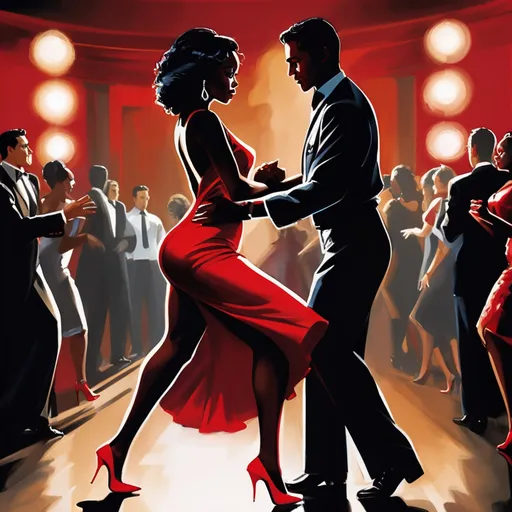 Prompt: A dashing Latino man with slick black hair dons a fitted black shirt and tailored slacks, exuding confidence as he leads a beautifully graceful black woman across the dance floor. She wears a striking red dress that flows elegantly around her as she moves, accentuated by her bold red heels. The dimly lit Argentinian-style club is alive with a warm, inviting atmosphere, where rustic wooden beams and vibrant murals hint at a rich cultural tapestry. Soft golden lights cast gentle shadows, illuminating the couple as they dance passionately, their eyes locked in a joyful connection. The vibrant sounds of the tango envelop them, transporting onlookers to a world of romance and rhythm. This scene captures the essence of life and dance in a cinematic, photorealistic style. 