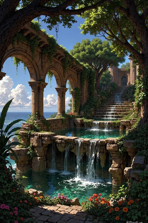 Prompt: Bathed in the soft light of a clear day, the scene unfolds within a lush, expansive garden featuring sweeping ruins adorned with grand columns and intricate arches, entwined with vibrant greenery. The tranquil waters of a large, circular pool reflect the surrounding foliage and the brilliant blue sky, while tiered terraces lead elegantly down toward the base of the structure, each laden with blooming flowers in rich hues. Sunlight filters through the foliage, casting dappled shadows on the stone paths that guide the viewer's eye deeper into this enchanting landscape. This idyllic retreat evokes a sense of serenity and timeless beauty, offering a glimpse into a harmonious blend of nature and architectural grandeur.