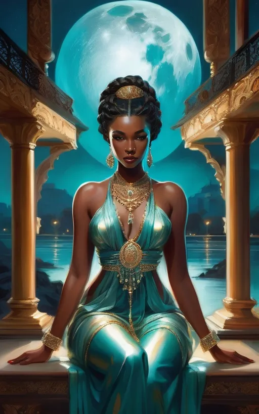 Prompt: Bathed in the ethereal glow of a large, luminous moon, a regal woman sits poised at the foreground, adorned in a flowing, elegant garment in shades of serene teal that accentuates her graceful figure. Her rich, braided hair is elegantly styled, and she wears ornate jewelry that speaks of royalty, forming a striking contrast against her smooth skin. Behind her, an enchanting backdrop features towering, gothic structures draped in a mystic blue light, interspersed with lush greenery, suggesting an otherworldly realm. The composition draws the eye upwards through the archway that frames the scene, emphasizing the moon's dominance in the night sky, while the overall atmosphere conveys a sense of tranquility intertwined with mystery, as if inviting the viewer into a story of ancient lore.