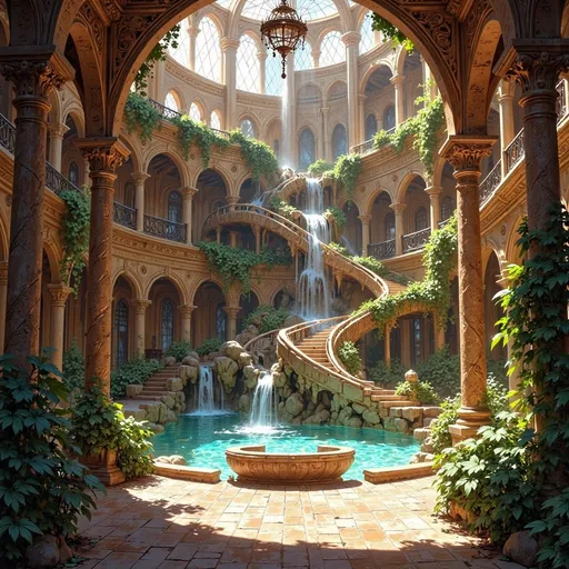 Prompt: A lush, inviting atrium unfolds before you, featuring multiple cascading waterfalls that flow over natural rock formations into a tranquil pool. Sunlight filters through expansive arched windows, illuminating the warm earthy tones of the stucco walls and the intricately designed railings that grace the winding staircase. Verdant plants thrive throughout the space, adding vibrant greenery to the rustic decor, while elegant chandeliers cast a soft glow that enhances the serene atmosphere. The combination of water sounds and rich textures creates a peaceful sanctuary that feels both luxurious and harmonious with nature, inviting exploration and relaxation.