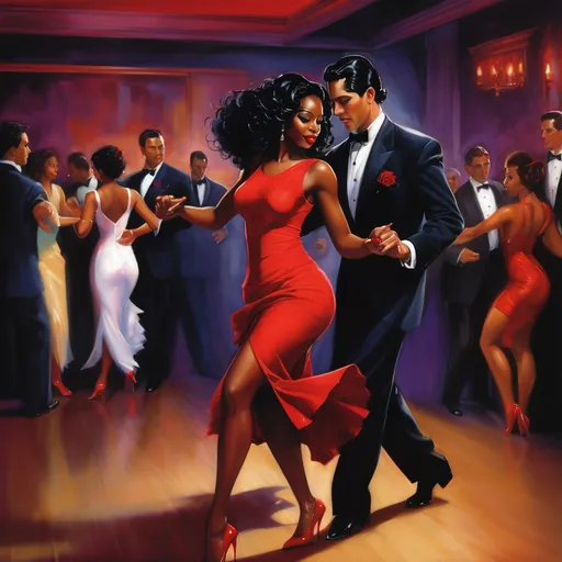 Prompt: A dashing Latino man with slick black hair dons a fitted black shirt and tailored slacks, exuding confidence as he leads a beautifully graceful black woman across the dance floor. She wears a matching black dress that flows elegantly around her as she moves, accentuated by her bold red heels and red rose in her hair. The dimly lit Argentinian-style club is alive with a warm, inviting atmosphere, where rustic wooden beams and vibrant murals hint at a rich cultural tapestry. Soft golden lights cast gentle shadows, illuminating the couple as they dance passionately, their eyes locked in a joyful connection. The vibrant sounds of the tango envelop them, transporting onlookers to a world of romance and rhythm. This scene captures the essence of life and dance in a cinematic, photorealistic style. 