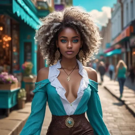 Prompt: Tall young woman walking down the high street, detailed clothing, realistic, natural lighting, (beautiful young black woman), vibrant fantasy style, dark chocolate skin, luxurious white curly/coily hair, striking turquoise eyes, magical atmosphere, enchanting light, whimsical background filled with fantastical elements, lush colors, dreamy vibe, high depth, ultra-detailed, captivating and imaginative composition.