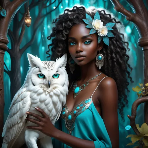 Prompt: (beautiful young black woman), full body, vibrant fantasy style, dark chocolate skin, luxurious white curly/coily hair, striking turquoise eyes, pet white owl, pet black wolf, magical atmosphere, enchanting light, whimsical background filled with fantastical elements, lush colors, dreamy vibe, high depth, ultra-detailed, captivating and imaginative composition.