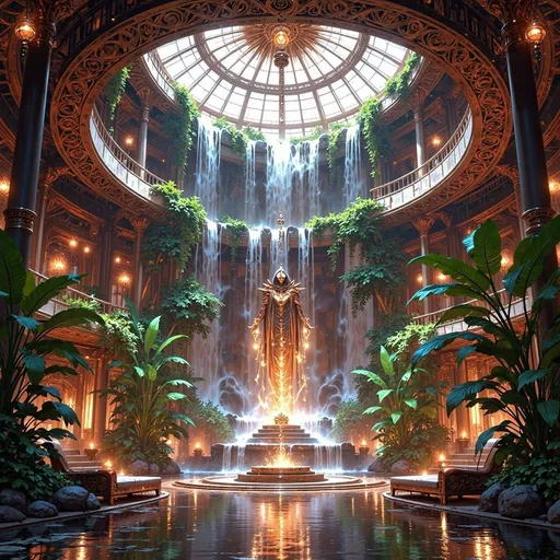 Prompt: Afro-futurism hotel lobby with biophilic waterfall, rich African cultural symbolism, vibrant colors, high-tech, ultra-detailed, highres, digital art, futuristic, cultural symbolism, atmospheric lighting, biophilic waterfall, vibrant colors, professional, African symbolism, high-tech, vibrant atmosphere, lush greenery, intricate cultural details, futuristic architecture