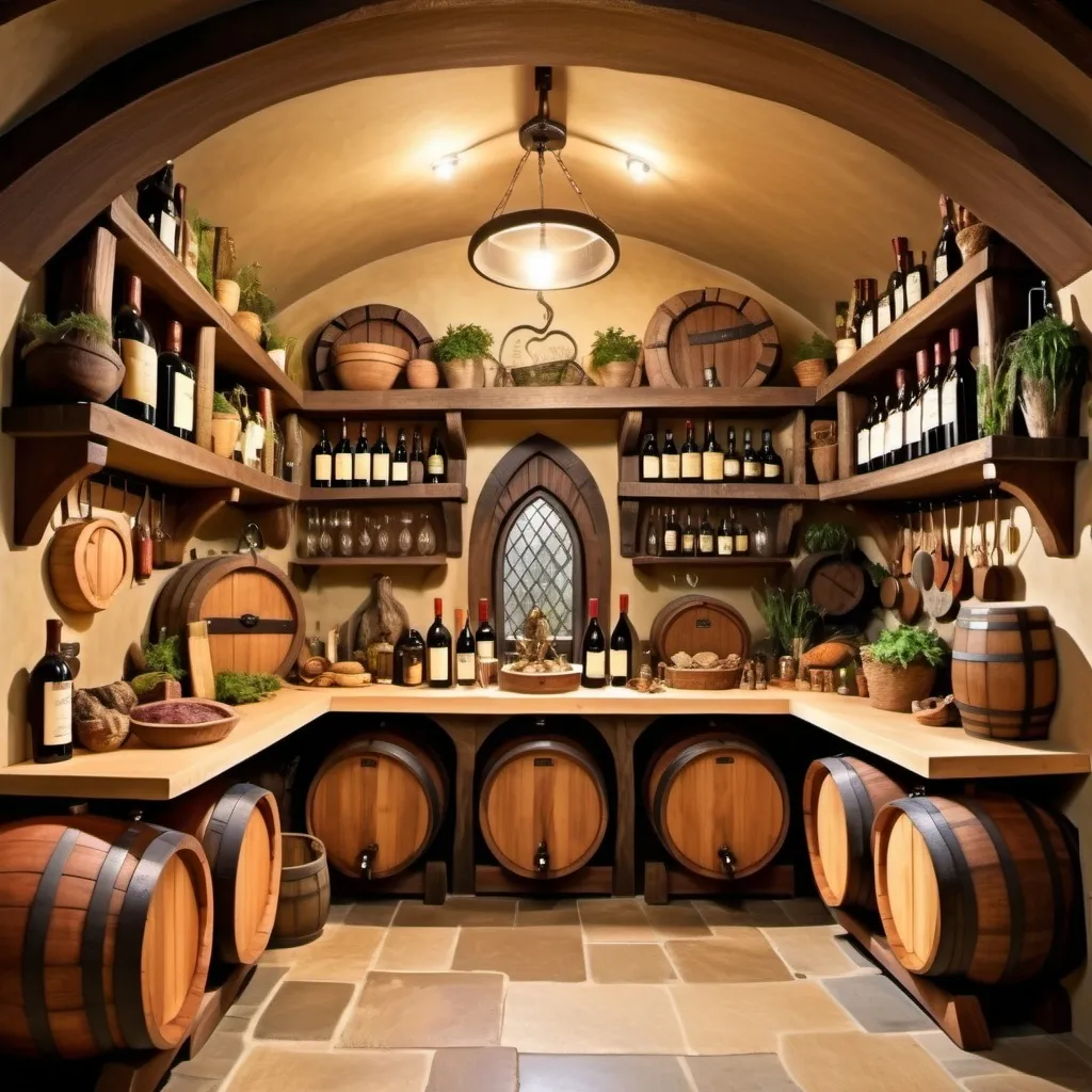 Prompt: Hobbit food pantry, fantasy, variety of food, herbs hanging, barrels of wine and mead, large size pantry, slabs of meat hanging, 