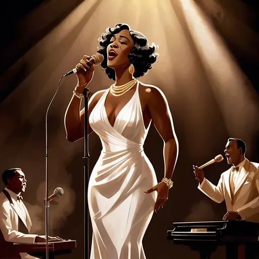 Prompt: A soulful black jazz singer, dressed in a luxurious 1920s style white dress, gold jewelry and a white lily in her fingerwaved hair, stands confidently center stage at the microphone, her voice pouring out like honey as she sings her heart out in a dimly lit, smoke-filled club, the air thick with the scent of cigarette smoke and whiskey, reminiscent of the iconic styles of Erté, Gustav Klimt, and Hopper, with bold, expressive brushstrokes and a muted, film noir-inspired color palette. The overall style is reminiscent of vintage art deco illustrations, enhancing the timeless elegance of their romance.