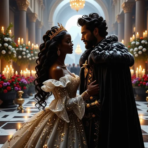 Prompt: A stunning black queen, adorned in an intricately beaded gown that shimmers like the night sky, dances gracefully with her devoted Northern King beneath a canopy of twinkling fairy lights. The atmosphere is electric, filled with warmth and joy as soft candlelight flickers around the grand hall, casting golden glows on the richly decorated walls. Surrounding them are lush floral arrangements in deep reds and purples, adding a regal touch to the scene. The queen's expression is one of serene joy, her flowing hair glowing against the gentle flames. The king, with his dark hair and beard and dressed in an elegant fur-lined cloak, gazes at her adoringly, their movements synchronized as if they are the very embodiment of love and unity. The scene is captured in a cinematic, fantastical and romantic style, emphasizing the deep emotions of this magical moment.