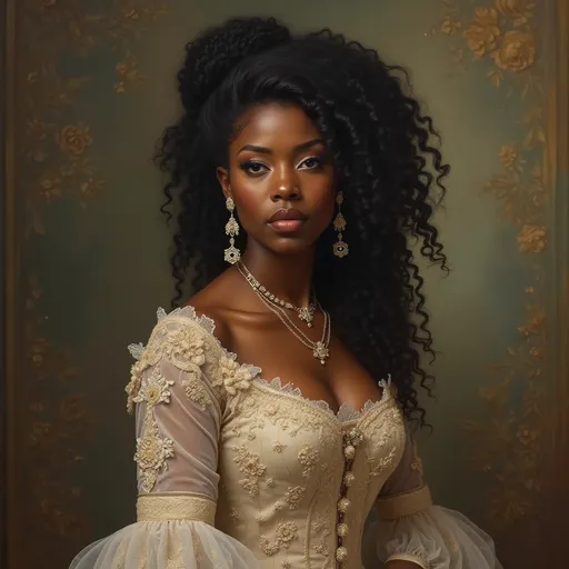 Prompt: Full body Victorian era portrait of a black woman, oil painting, luxurious dress, elaborate hairstyle, ornate jewelry, soft colors, soft and diffused lighting, high quality, detailed brushwork, elegant and refined, opulent setting, intricate lace details, classic beauty, historical art, Victorian style, delicate features, aristocratic charm, dark chocolate skin, luxurious coily/curly mane of hair