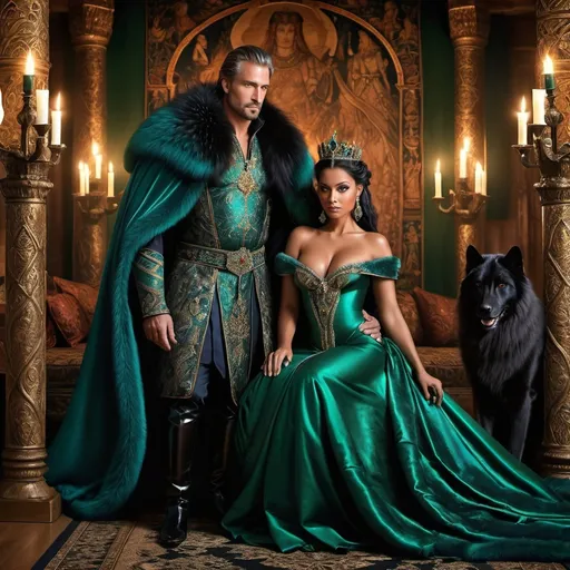 Prompt: Amidst a lavish, candlelit hall adorned with intricate tapestries depicting tales of valor, sits a Northern King, regal in his rich, dark furs, his piercing blue eyes reflecting the flickering candlelight. Across from him is his enchanting black Queen, draped in an elegant gown of deep emerald, her expressive eyes shimmering like jade, capturing the warmth of the moment. The long wooden table, beautifully set with fine porcelain and glistening silverware, is laden with an exquisite feast, the steam rising from the dishes merging with the golden glow surrounding them. Outside, a gentle snowfall blankets the land, the soft sound of wind harmonizing with their joyful laughter, creating a setting both intimate and majestic. The atmosphere is enchanting, captured in a cinematic, photorealistic style.