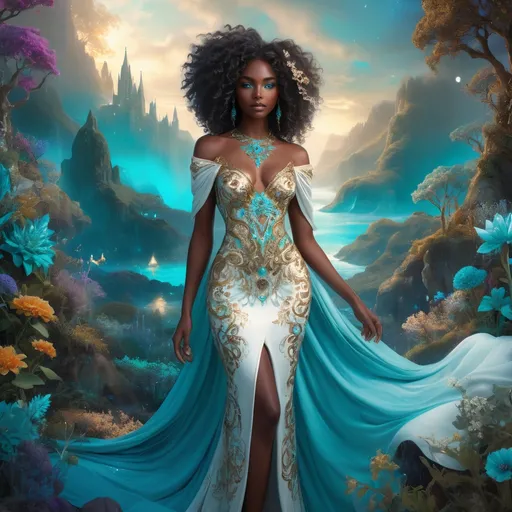 Prompt: A stunning young Black woman with an ethereal face of dark chocolate skin and luxurious white curly, coily hair stands gracefully amidst a vibrant fantasy landscape. Her striking turquoise eyes shimmer with enchantment, reflecting a soft, magical glow. She is depicted in full body  wearing a white and turquoise gown with gold embroidery, surrounded by whimsical, fantastical elements such as glowing flora, shimmering crystals, and floating orbs, all bathed in enchanting, luminous light. The scene exudes a dreamy, otherworldly atmosphere with lush, saturated colors, intricate details, and a sense of high depth, creating a captivating and imaginative composition. Style inspired by dreamy watercolor illustrations with cinematic lighting, photorealistic details, and a whimsical, magical vibe.