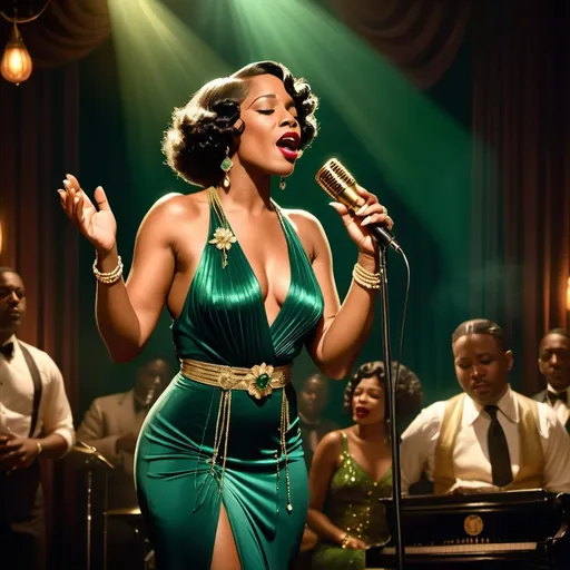 Prompt: A soulful black jazz singer, dressed in a luxurious 1920s style emerald dress, gold jewelry and a white lily in her fingerwaved hair, stands confidently center stage at the microphone, her voice pouring out like honey as she sings her heart out in a dimly lit, smoke-filled club, the air thick with the scent of cigarette smoke and whiskey, reminiscent of the iconic styles of Erté, Gustav Klimt, and Hopper, with bold, expressive brushstrokes and a muted, film noir-inspired color palette. The overall style is reminiscent of vintage art deco illustrations, enhancing the timeless elegance of their romance.