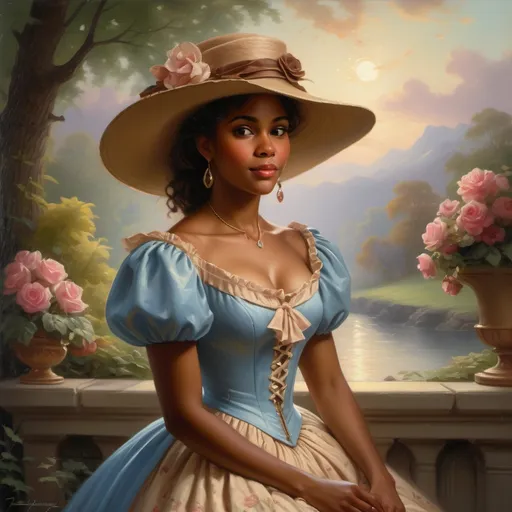 Prompt: a painting of a woman with brown skin in a dress and hat, romanticism painting, beautiful character painting, romantic era painting, by Joyce Ballantyne Brand, thomas kinkade painting, 1 8 5 0 s style painting, romanticist oil painting ”, woman in dress, portrait painting of a princess, painting of beautiful, beautiful fantasy painting, style thomas kinkade