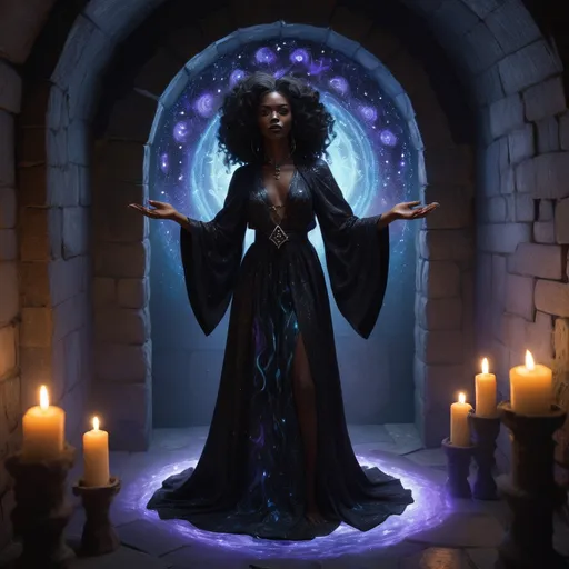 Prompt: Visualize a beautiful black witch, her skin glowing like polished obsidian, stepping gracefully through a shimmering, iridescent portal in her dimly lit basement. The air around her crackles with the energy of magic, dust motes illuminated by the flickering light of enchanted candles lining the stone walls. She wears an elegantly flowing robe adorned with celestial patterns, swirling with shades of midnight blue and silver. Her hair cascades down her shoulders like a waterfall of curls, framing her face, which is set with a confident yet serene expression. The basement itself is filled with arcane artifacts and potion vials, casting shadows that dance in the warm light. Outside the portal, a twilight sky hints at a magical realm, suffusing the scene with an otherworldly glow. This ethereal moment is captured in a dark fantasy concept art style, rich with detail and atmospheric depth.