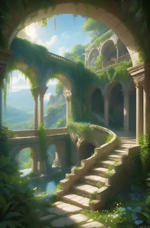 Prompt: Amidst a breathtaking landscape, ancient stone arches beckon the viewer into a lush, overgrown paradise where nature intertwines seamlessly with architecture. Cascading down from elevated terraces, stairs lead to tranquil pools reflecting the vibrant green foliage and azure skies, creating a serene atmosphere. Sunlight filters through the trees, illuminating delicate flowers blooming along the pathways and enhancing the opulence of the scene. The intricate design of the structures, combined with the distant rolling hills and sparkling waters below, evokes a sense of timelessness and tranquility, inviting one to imagine stories of leisurely afternoons spent in this idyllic retreat.