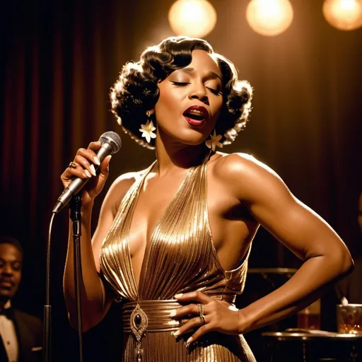 Prompt: A soulful black jazz singer, dressed in a luxurious 1920s style bronze dress, gold jewelry and a white lily in her fingerwaved hair, stands confidently center stage at the microphone, her voice pouring out like honey as she sings her heart out in a dimly lit, smoke-filled club, the air thick with the scent of cigarette smoke and whiskey, reminiscent of the iconic styles of Erté, Gustav Klimt, and Hopper, with bold, expressive brushstrokes and a muted, film noir-inspired color palette. The overall style is reminiscent of vintage art deco illustrations, enhancing the timeless elegance of their romance.