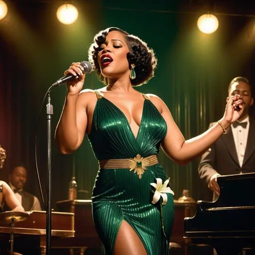 Prompt: A soulful black jazz singer, dressed in a luxurious 1920s style emerald dress, gold jewelry and a white lily in her fingerwaved hair, stands confidently center stage at the microphone, her voice pouring out like honey as she sings her heart out in a dimly lit, smoke-filled club, the air thick with the scent of cigarette smoke and whiskey, reminiscent of the iconic styles of Erté, Gustav Klimt, and Hopper, with bold, expressive brushstrokes and a muted, film noir-inspired color palette. The overall style is reminiscent of vintage art deco illustrations, enhancing the timeless elegance of their romance.