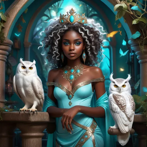 Prompt: (beautiful young black woman), full body, vibrant fantasy style, dark chocolate skin, luxurious white curly/coily hair, striking turquoise eyes, wearing a tiara, pet white owl, magical atmosphere, enchanting light, whimsical background filled with fantastical elements, lush colors, dreamy vibe, high depth, ultra-detailed, captivating and imaginative composition.