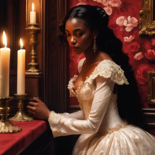 Prompt: In a lavishly adorned room filled with vibrant roses and intricate floral decorations, a young black woman in a flowing white gown delicately leans toward a candle, illuminating her graceful features and cascading dark hair. The scene conveys opulence and intimacy, with the rich red wallpaper enhancing the romantic atmosphere. In the background, a man stands at an elegantly carved door, his gaze fixed on her, suggesting a moment of longing or surprise. The warm, soft lighting accentuates the textures and details, creating a captivating narrative of beauty and anticipation intertwined within this enchanting setting.