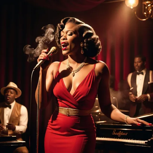 Prompt: A soulful black jazz singer, dressed in a fitted, 30s style red dress, gold jewelry and a white lily in her fingerwaved hair, stands confidently at the microphone, her voice pouring out like honey as she sings her heart out in a dimly lit, smoke-filled club, the air thick with the scent of cigarette smoke and whiskey, reminiscent of the iconic styles of Erté, Gustav Klimt, and Hopper, with bold, expressive brushstrokes and a muted, film noir-inspired color palette. The overall style is reminiscent of vintage art deco illustrations, enhancing the timeless elegance of their romance.
