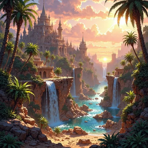 Prompt: Big kingdom, large desert oasis, water spring, waterfalls, trees, greenry, dramatic fantasy settlement scene, cinematic lighting