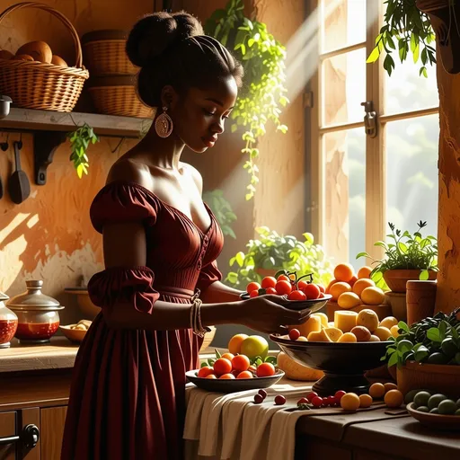 Prompt: In a sun-drenched, old-fashioned Mediterranean kitchen, a poised black gentlewoman prepares to enjoy a small feast set before her on a rustic wooden table. The walls, painted in warm terracotta hues, are adorned with woven baskets and dried herbs, while sunlight pours in through a dusty window, casting soft, golden rays that illuminate her graceful figure. She wears a flowing, elegant dress, its deep burgundy folds highlighted by the light. Her expression is one of serene anticipation as she gently touches the vibrant array of fresh fruits, crusty bread, and fragrant cheeses. The faint sound of birds chirping outside adds a harmonious backdrop to this intimate setting. The scene captures a moment of calm luxury, perfect for a cinematic lighting style that enhances the warmth and texture of this serene culinary retreat.