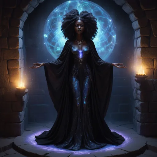 Prompt: Visualize a beautiful black witch, her skin glowing like polished obsidian, stepping gracefully through a shimmering, iridescent portal in her dimly lit basement. The air around her crackles with the energy of magic, dust motes illuminated by the flickering light of enchanted candles lining the stone walls. She wears an elegantly flowing robe adorned with celestial patterns, swirling with shades of midnight blue and silver. Her hair cascades down her shoulders like a waterfall of curls, framing her face, which is set with a confident yet serene expression. The basement itself is filled with arcane artifacts and potion vials, casting shadows that dance in the warm light. Outside the portal, a twilight sky hints at a magical realm, suffusing the scene with an otherworldly glow. This ethereal moment is captured in a dark fantasy concept art style, rich with detail and atmospheric depth.