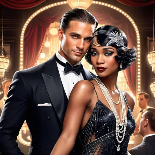Prompt: Visualize a captivating romance novel cover set in the vibrant 1920s. A handsome man with slicked-back hair and a dapper suit holds a gorgeous black woman adorned in a luxurious flapper dress, accented with shimmering beads and feathers. Their eyes lock in a magnetic gaze, the connection palpable against the backdrop of a bustling jazz club filled with elegantly dressed patrons. Soft golden light bathes the scene, creating an inviting warmth, while a faint shimmer of sequins dances in the air. A saxophonist can be seen in the background, adding musical energy to the atmosphere. The overall style is reminiscent of vintage art deco illustrations, enhancing the timeless elegance of their romance.