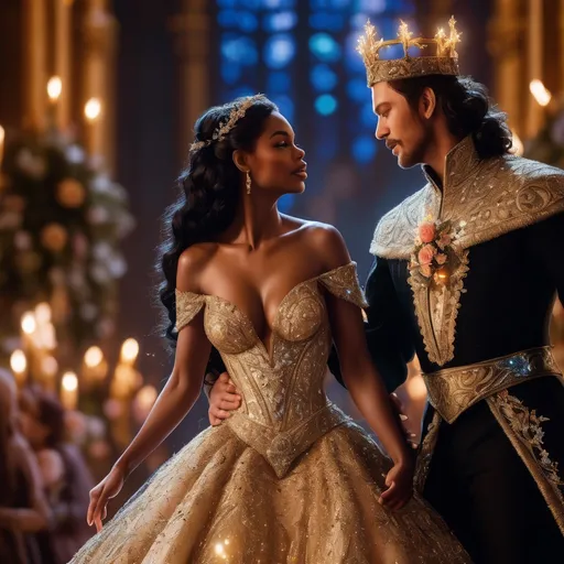 Prompt: A stunning black queen, adorned in an intricately beaded gown that shimmers like the night sky, dances gracefully with her devoted Northern King beneath a canopy of twinkling fairy lights. The atmosphere is electric, filled with warmth and joy as soft candlelight flickers around the grand hall, casting golden glows on the richly decorated walls. Surrounding them are lush floral arrangements in deep reds and purples, adding a regal touch to the scene. The queen's expression is one of serene joy, her flowing hair glowing against the gentle flames. The king, with his dark hair and beard and dressed in an elegant fur-lined cloak, gazes at her adoringly, their movements synchronized as if they are the very embodiment of love and unity. The scene is captured in a cinematic, fantastical and romantic style, emphasizing the deep emotions of this magical moment.