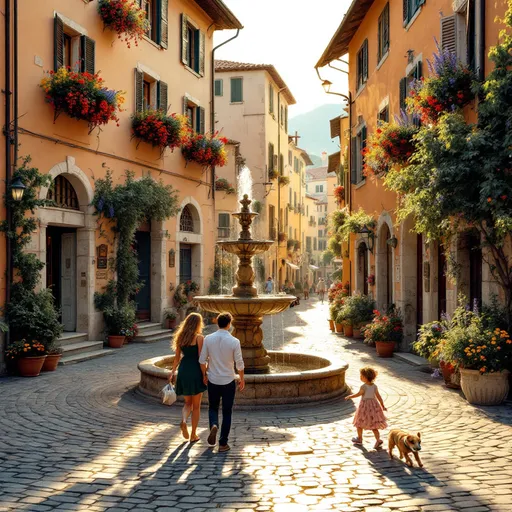 Prompt: A picturesque Italian village square, bathed in the warm golden light of late afternoon sun, casts long shadows across the cobblestone stones. A classic stone fountain, with water cascading gently over moss-covered edges, creates a soothing melody amidst the pleasant hum of nearby conversations. Each window held colorful window boxes overflow with blooming flowers in vibrant reds, yellows, and blues, their petals fluttering in a soft breeze that carries the delicate scent of lavender and rosemary. A couple strolls hand-in-hand, their laughter mingling with the sound of the water, while a small child chases after a playful dog, their joy painting the scene with life. This enchanting atmosphere could be beautifully captured in a cinematic, photorealistic style, showcasing the village's charm and tranquility.