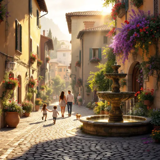 Prompt: A picturesque Italian village alcove, bathed in the warm golden light of late afternoon sun, casts long shadows across the cobblestone stones. A classic stone fountain, with water cascading gently over moss-covered edges, creates a soothing melody amidst the pleasant hum of nearby conversations. Each window held colorful window boxes overflow with blooming flowers in vibrant reds, yellows, and blues, their petals fluttering in a soft breeze that carries the delicate scent of lavender and rosemary. A couple strolls hand-in-hand, their laughter mingling with the sound of the water, while a small child chases after a playful dog, their joy painting the scene with life. This enchanting atmosphere could be beautifully captured in a cinematic, photorealistic style, showcasing the village's charm and tranquility.