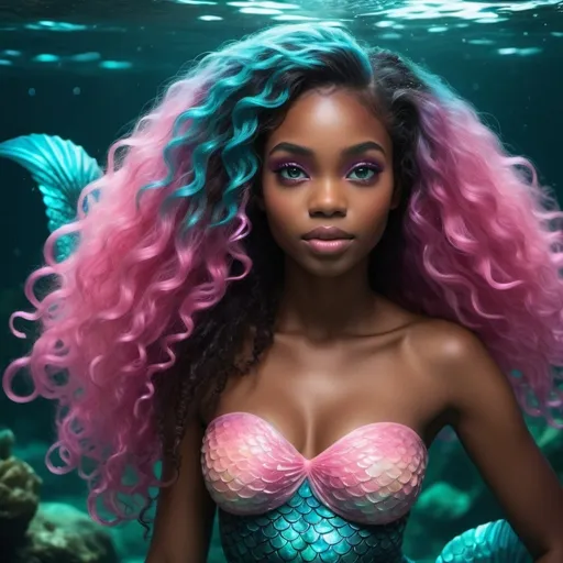 Prompt: Beautiful mermaid swimming in bioluminescent waters. Black young woman, striking aqua eyes, luxurious curly/coily mane, shimmering pink tail