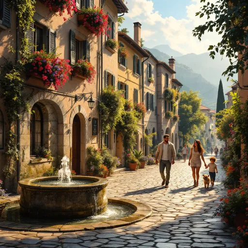 Prompt: A picturesque Italian village alcove, bathed in the warm golden light of late afternoon sun, casts long shadows across the cobblestone stones. A classic stone fountain, with water cascading gently over moss-covered edges, creates a soothing melody amidst the pleasant hum of nearby conversations. Each window held colorful window boxes overflow with blooming flowers in vibrant reds, yellows, and blues, their petals fluttering in a soft breeze that carries the delicate scent of lavender and rosemary. A couple strolls hand-in-hand, their laughter mingling with the sound of the water, while a small child chases after a playful dog, their joy painting the scene with life. This enchanting atmosphere could be beautifully captured in a cinematic, photorealistic style, showcasing the village's charm and tranquility.