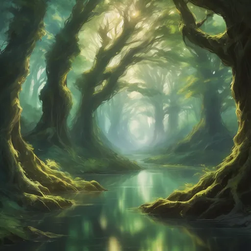 Prompt: Envision an ancient forest, shrouded in a mystical, ethereal haze, where towering trees with gnarled roots twist and weave, their leaves a kaleidoscope of greens punctuated by golden sunlight filtering through the canopy. Alongside this primeval woodland flows a swift, crystal-clear river, its waters shimmering like polished glass as they race over smooth stones, creating the gentle sound of rushing water. The air is rich with the scent of damp earth and the sweet perfume of wildflowers, while soft rays of sunlight dance playfully on the surface of the river. A sense of tranquility pervades the scene, inviting a moment of serenity in nature. This picturesque setting would be beautifully rendered in a cinematic lighting style, emphasizing the contrast between the deep shadows of the forest and the bright glimmer of the water.
