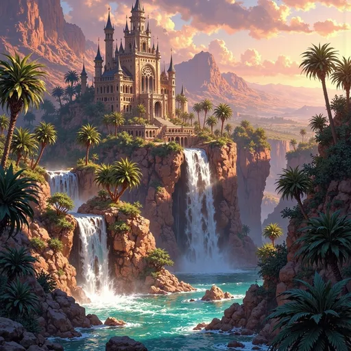Prompt: A grand kingdom rises majestically on the horizon, nestled around a sprawling oasis within a vast, golden desert. The shimmering water spring cascades over natural rock formations, creating a series of stunning waterfalls that catch the light of the setting sun, casting rainbows through the mist. Lush greenery, including tall palm trees and vibrant flora, flourishes around the water, contrasting dramatically with the arid sands beyond. The cinematic lighting bathes the scene in warm hues of orange and deep purple, enhancing the magical atmosphere. In the distance, intricately designed towers and fortifications of the kingdom soar towards the sky, with silken banners fluttering gently in the cool evening breeze, evoking a sense of wonder and adventure in this fantasy settlement. 